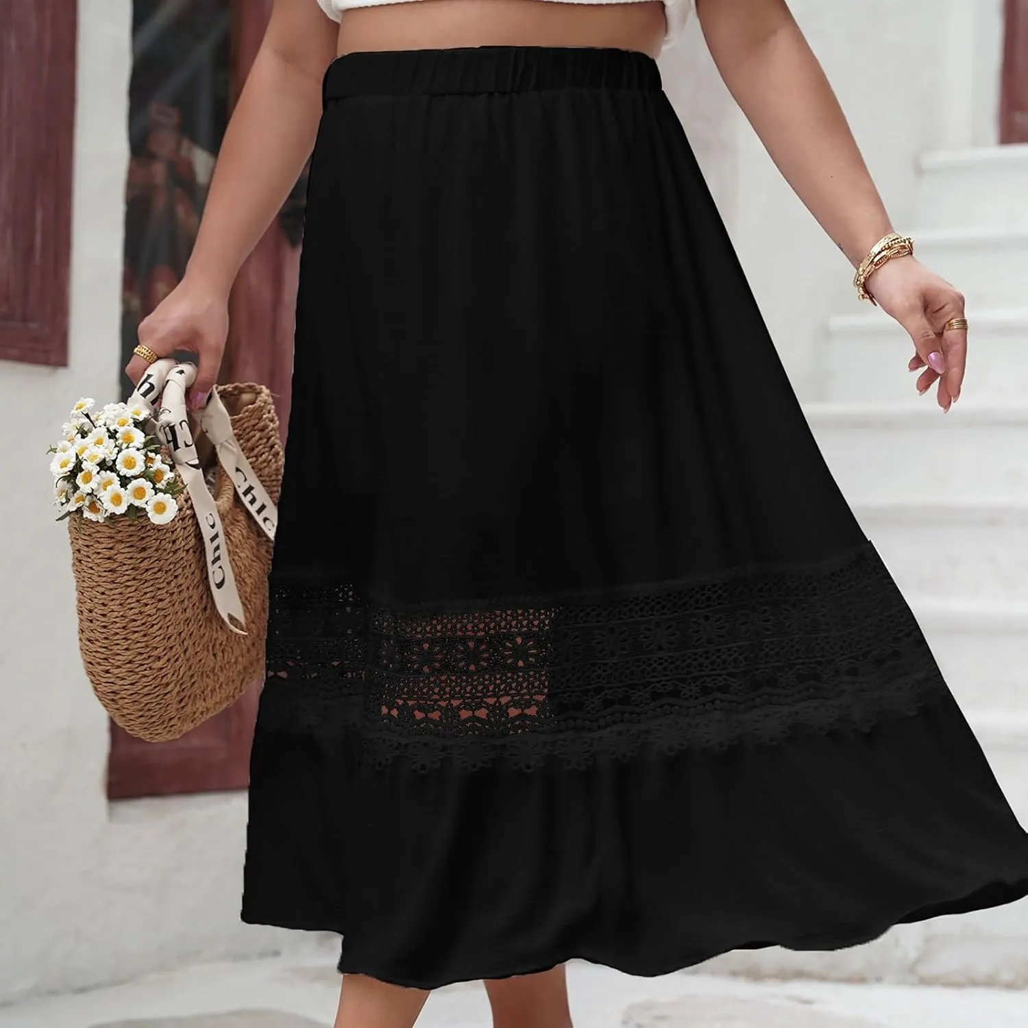 Women Summer Casual Midi Skirt, Fashion Hollow Out Embroidery Loose Clothes Elastic Waist Comfy Beach Vacation Skirts