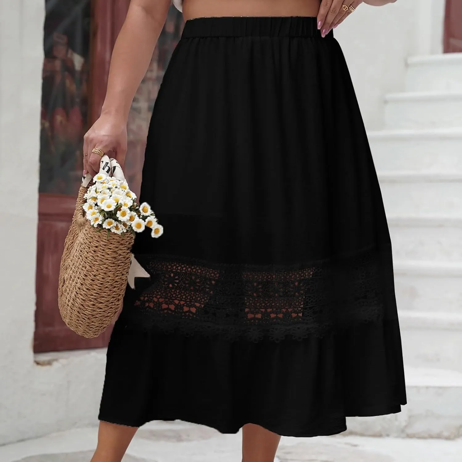 Women Summer Casual Midi Skirt, Fashion Hollow Out Embroidery Loose Clothes Elastic Waist Comfy Beach Vacation Skirts