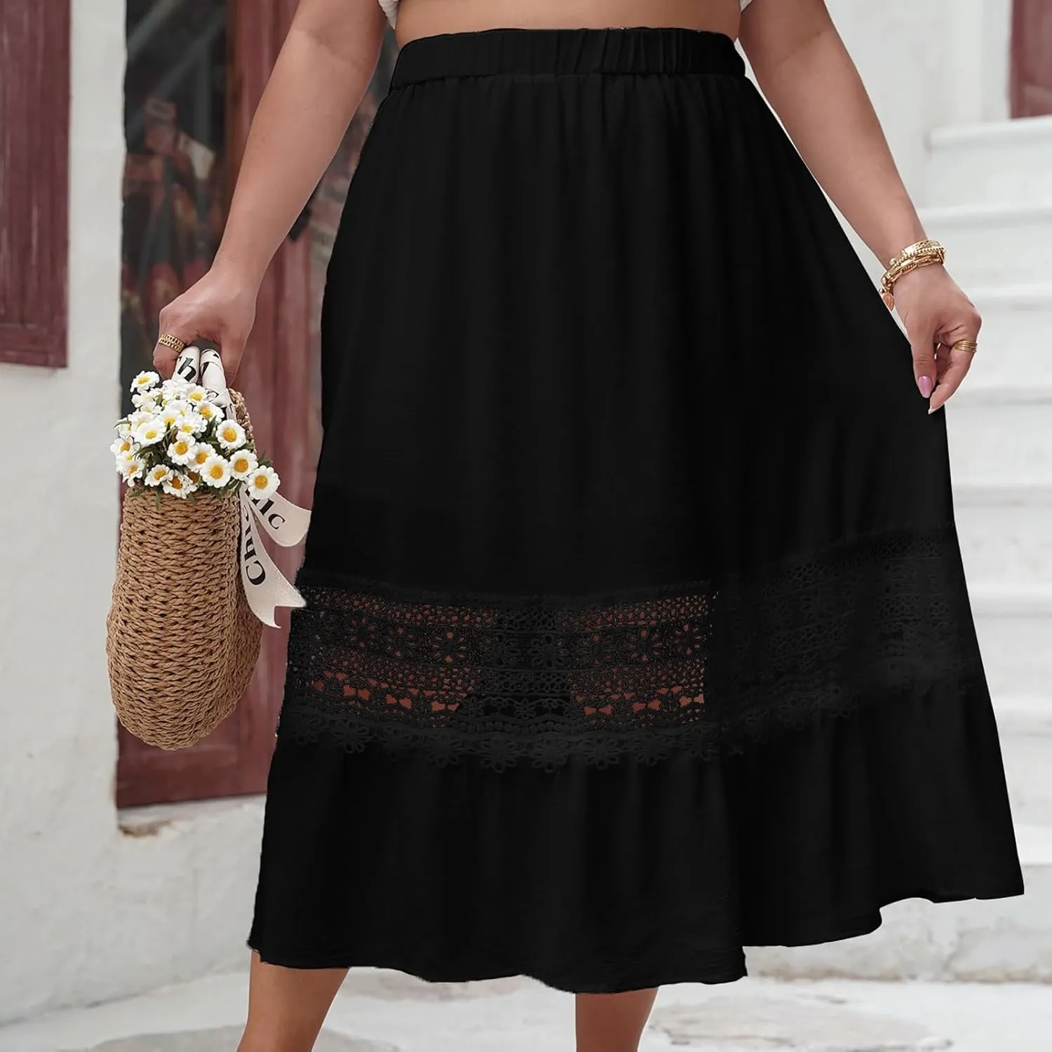 Women Summer Casual Midi Skirt, Fashion Hollow Out Embroidery Loose Clothes Elastic Waist Comfy Beach Vacation Skirts