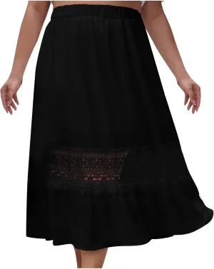 Women Summer Casual Midi Skirt, Fashion Hollow Out Embroidery Loose Clothes Elastic Waist Comfy Beach Vacation Skirts