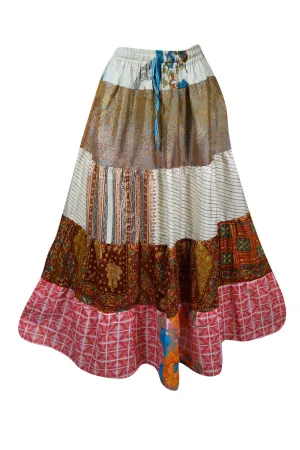 Womens Brown, Pink Flared Maxi Skirt Patchwork Boho Skirts S/M/L