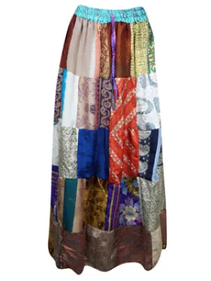 Womens Earthy Mixed Patch Maxi Skirt, Blue Hippy Summer Recycle Silk Skirts S/M