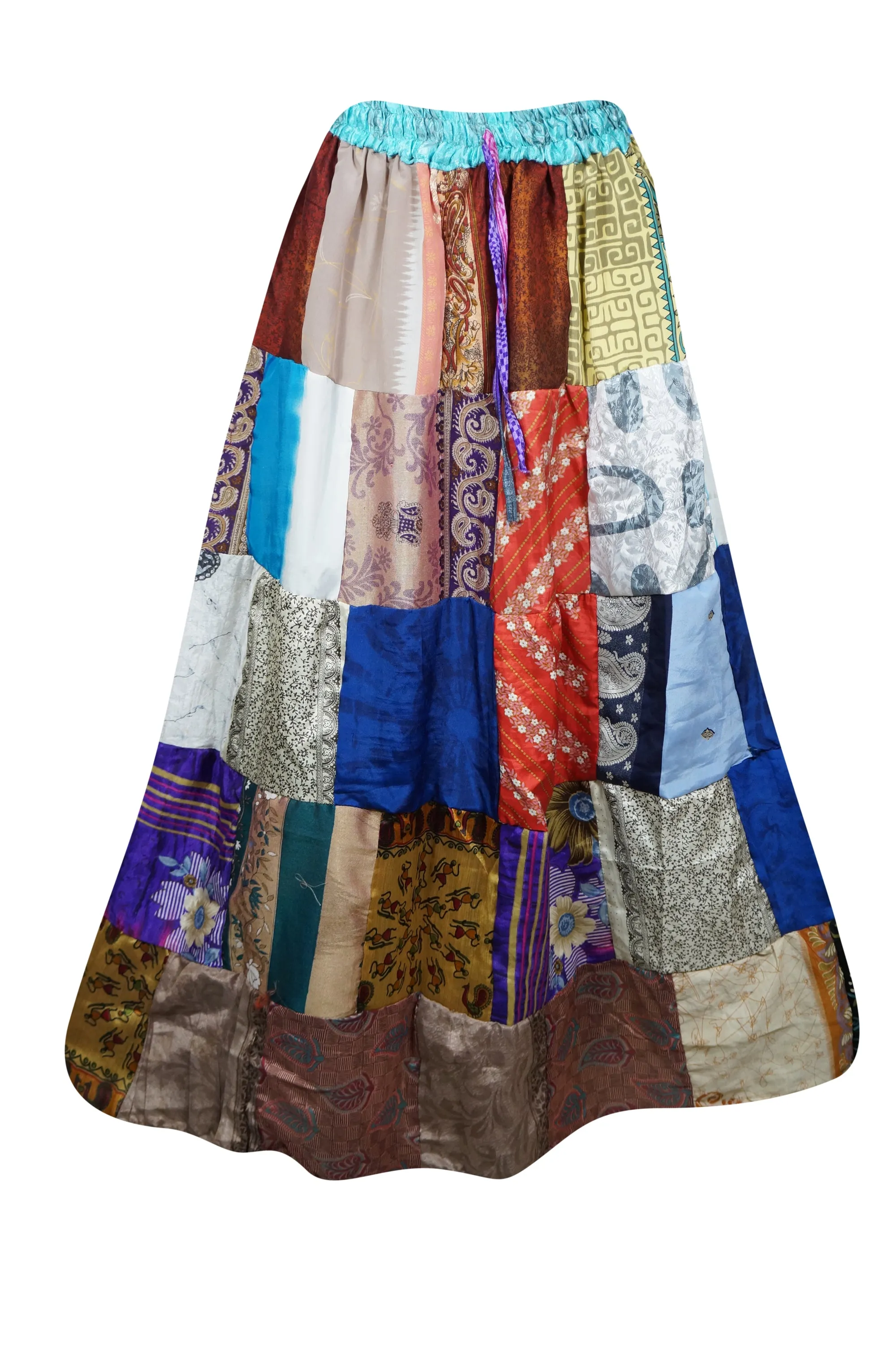 Womens Earthy Mixed Patch Maxi Skirt, Blue Hippy Summer Recycle Silk Skirts S/M