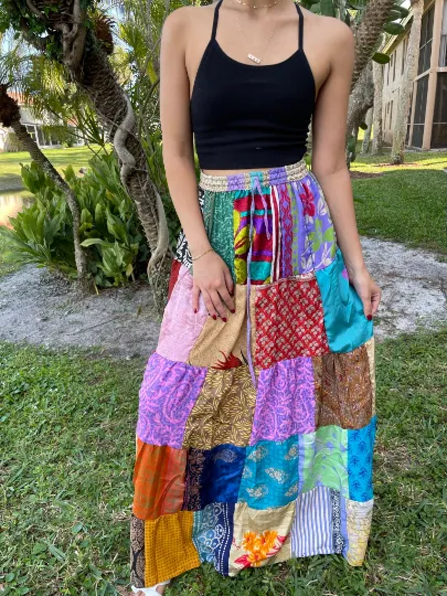 Womens Earthy Mixed Patch Maxi Skirt, Blue Hippy Summer Recycle Silk Skirts S/M