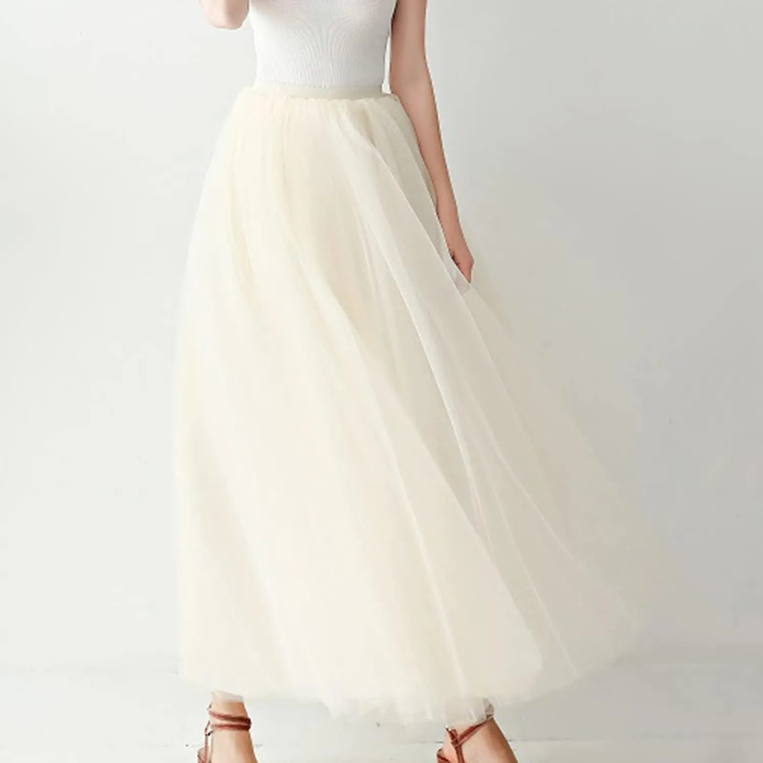 Women's Elastic High Waist Lace Up Puffy Skirt Solid Color Mesh Long Skirt Big Hem Ankle Length Maxi Skirt