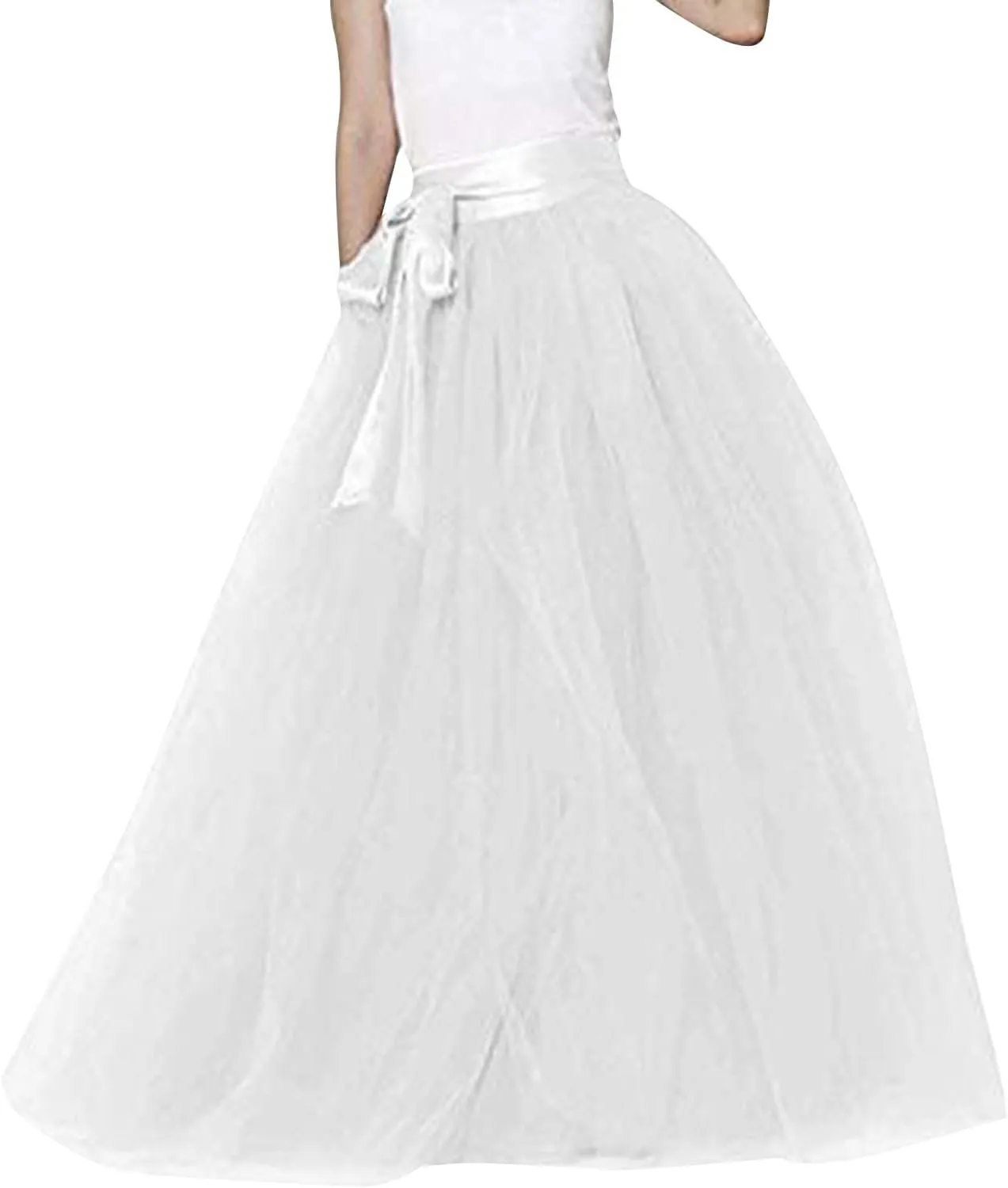 Women's Elastic High Waist Lace Up Puffy Skirt Solid Color Mesh Long Skirt Big Hem Ankle Length Maxi Skirt