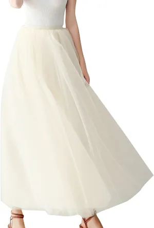 Women's Elastic High Waist Lace Up Puffy Skirt Solid Color Mesh Long Skirt Big Hem Ankle Length Maxi Skirt
