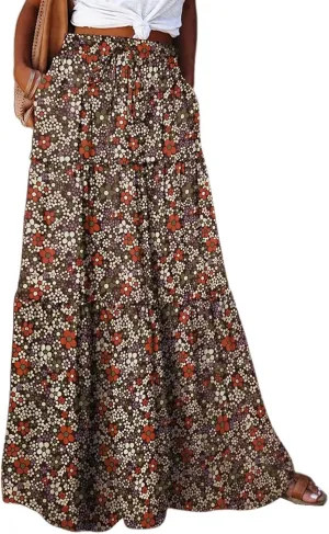 Womens Floral Print Boho Maxi Skirt Casual Elastic High Waist Pleated Ruffle Flowy Beach Long Maxi Skirts with Pockets