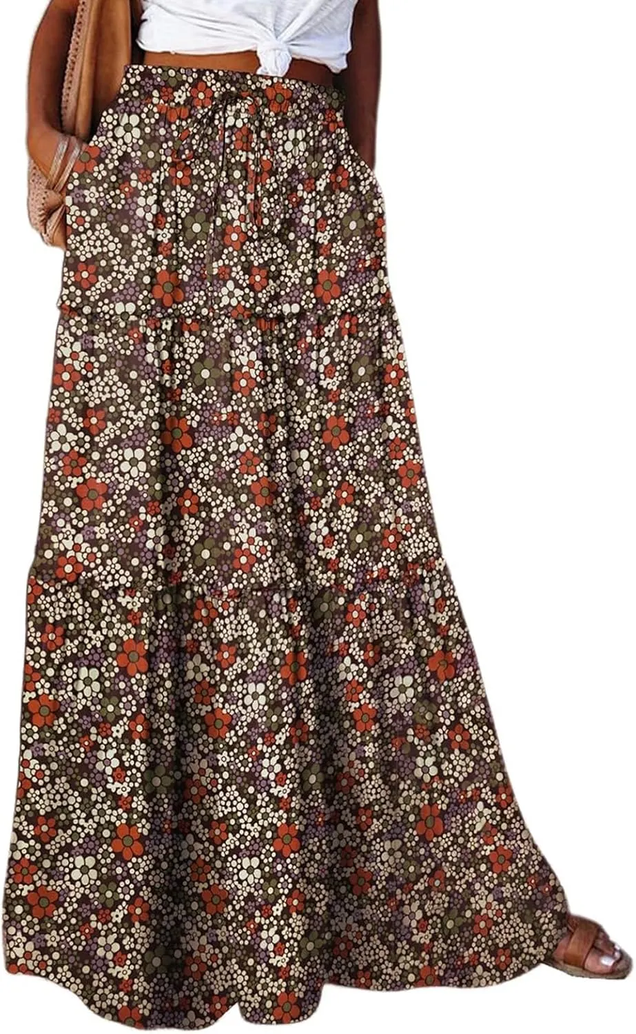 Womens Floral Print Boho Maxi Skirt Casual Elastic High Waist Pleated Ruffle Flowy Beach Long Maxi Skirts with Pockets