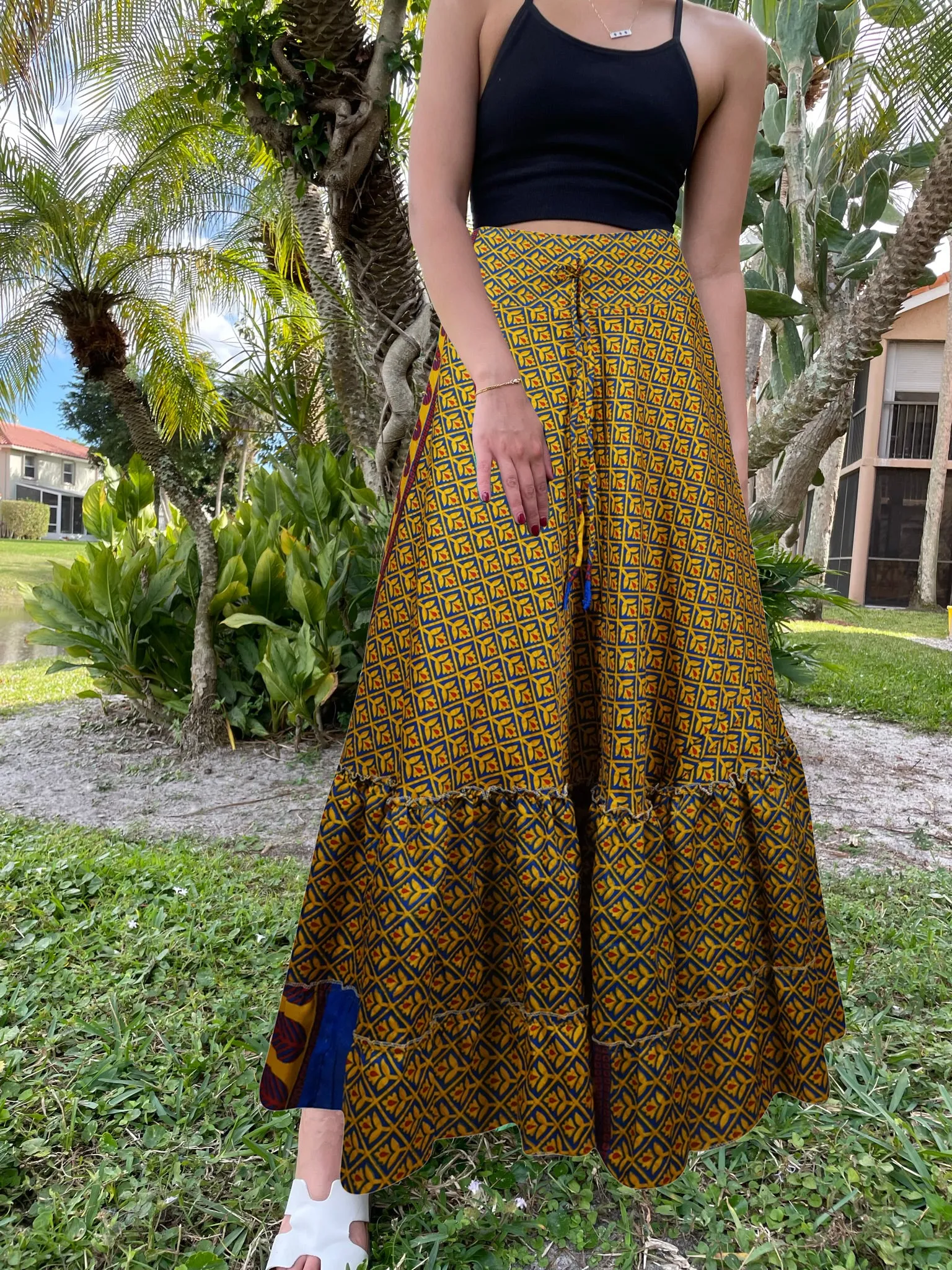 Women's Flowy Maxi Skirt Yellow Floral Skirt Boho Ruffle Long Skirt ML