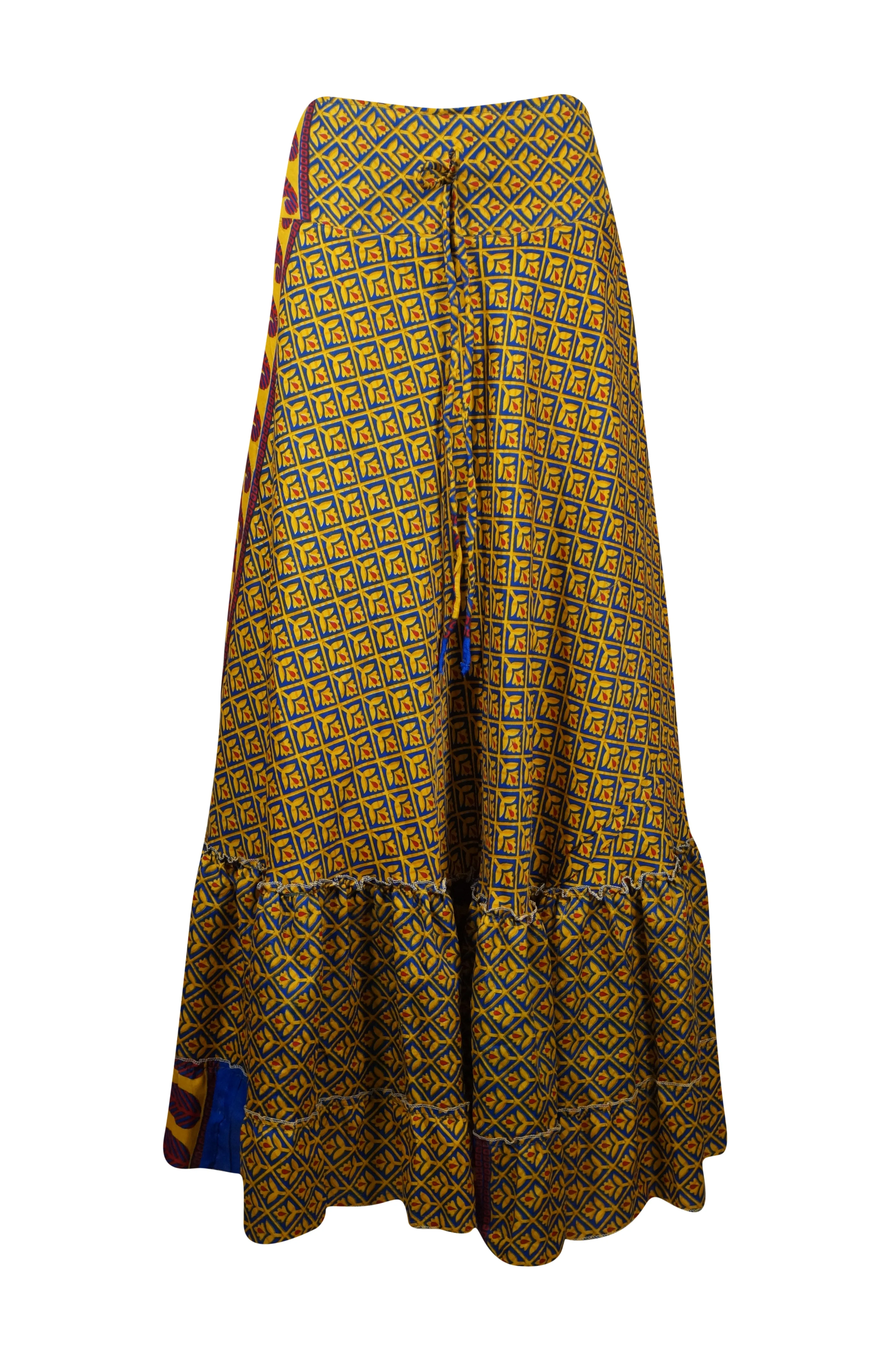 Women's Flowy Maxi Skirt Yellow Floral Skirt Boho Ruffle Long Skirt ML