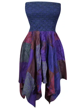 Womens Hi Low Skirt Dress, Blue Cotton Patchwork Summer Dress S/M