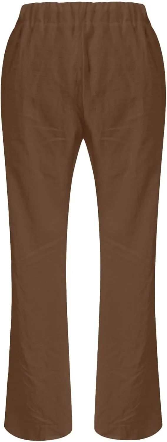 Womens Linen Yoga Pant with Pockets Drawstring Elastic Waist Long Flared Pants Loose Fit Wide Leg Gym Workout Pant