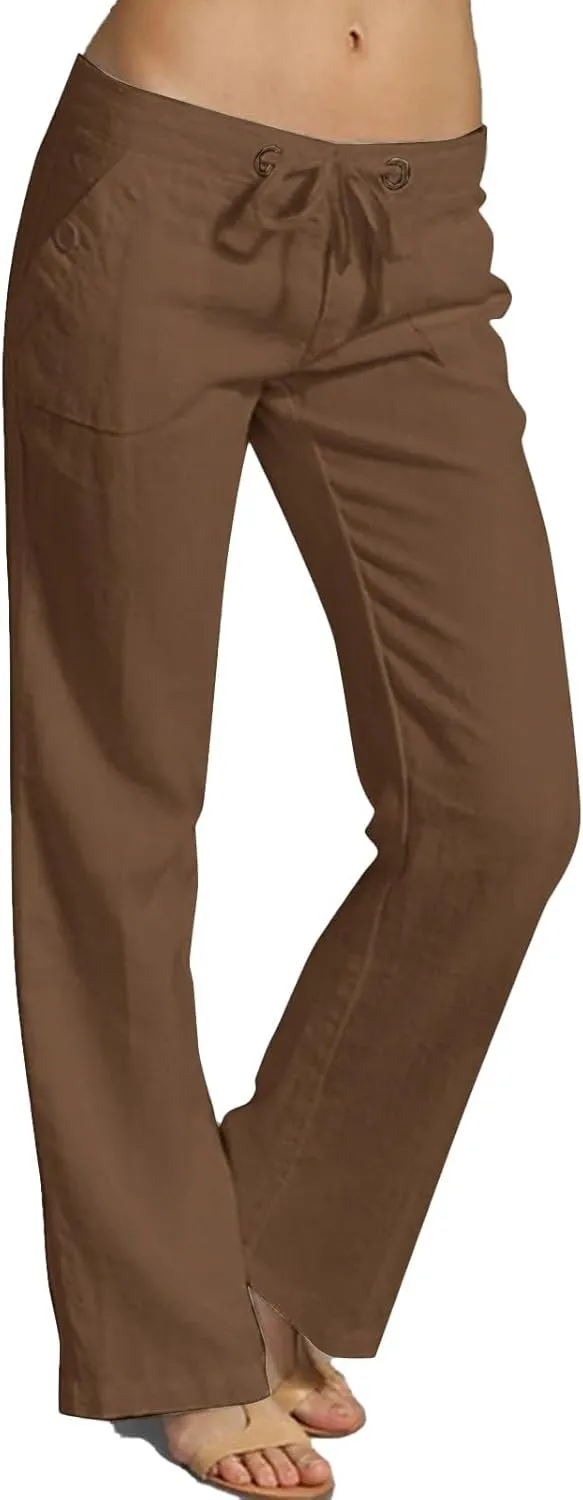 Womens Linen Yoga Pant with Pockets Drawstring Elastic Waist Long Flared Pants Loose Fit Wide Leg Gym Workout Pant