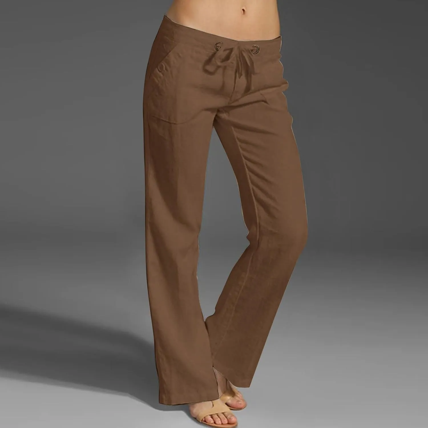 Womens Linen Yoga Pant with Pockets Drawstring Elastic Waist Long Flared Pants Loose Fit Wide Leg Gym Workout Pant