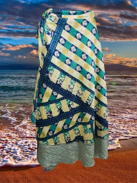 Womens Long Wrap Skirt Blue Printed Sari Skirt One Size