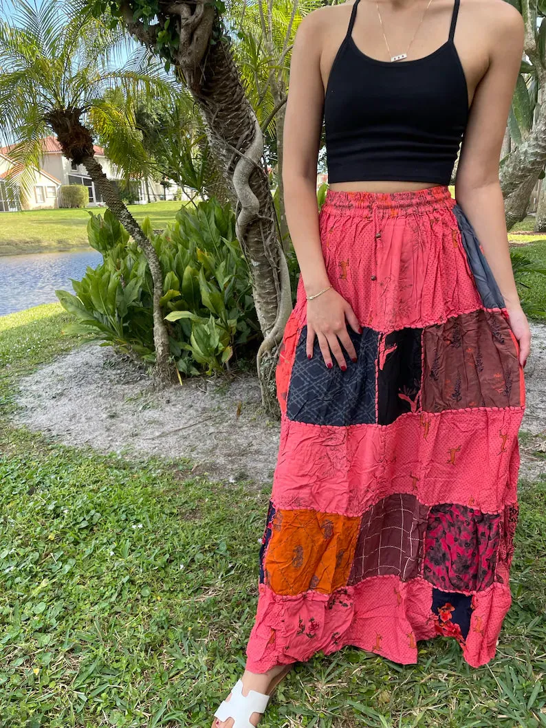 Womens Maxi Skirt, Blue Patchwork  Long Skirts S/M/L