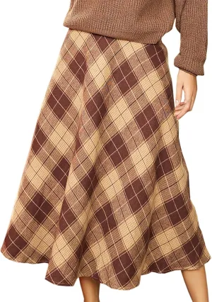 Women's Midi Plaid Skirt High Elastic Waisted A-line Vintage Flowy Spring Summer Long Skirts for Women with Pockets