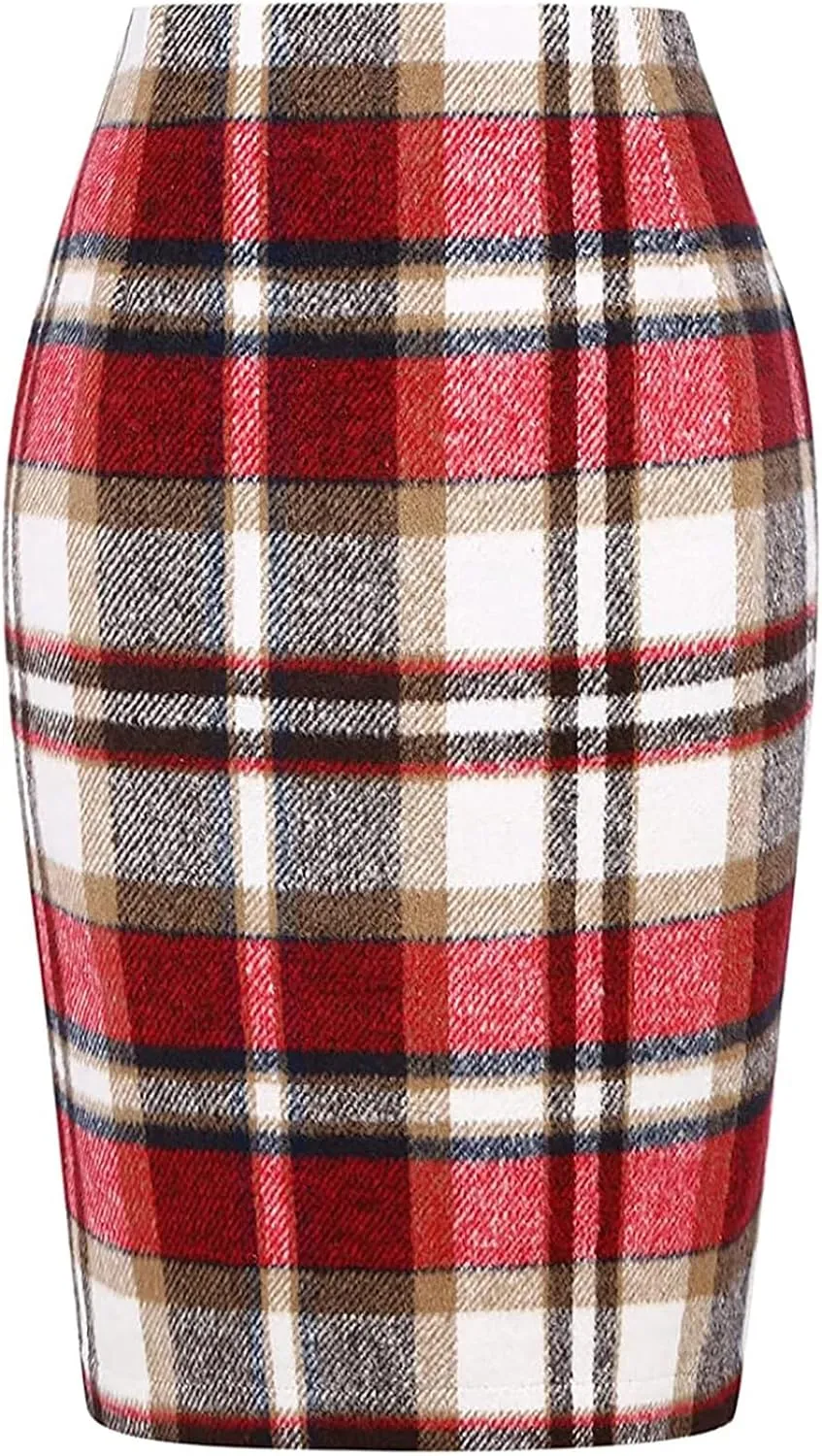 Women's Midi Wool Pencil Skirt Knee Length Elastic Waist Skirt Plaid Work Business Mini Skirts with Slit Zipper