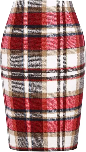 Women's Midi Wool Pencil Skirt Knee Length Elastic Waist Skirt Plaid Work Business Mini Skirts with Slit Zipper