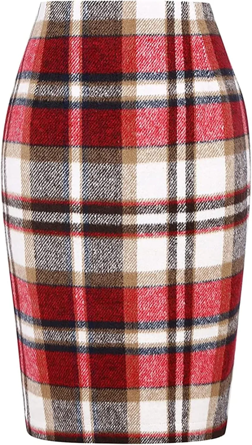 Women's Midi Wool Pencil Skirt Knee Length Elastic Waist Skirt Plaid Work Business Mini Skirts with Slit Zipper