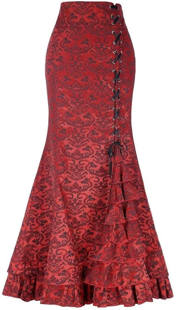 Women's Retro Lace-Up Drawstring Tiered Ruffle Maxi Long Mermaid Pencil Skirt Trendy Plus Size Slim Fishtail Skirts