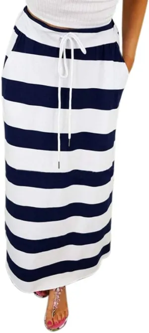 Womens Stripe Hight Waist Maxi Long Skirt Drawstring Ankle Length Skirt Casual High Waist Skirts with Pockets