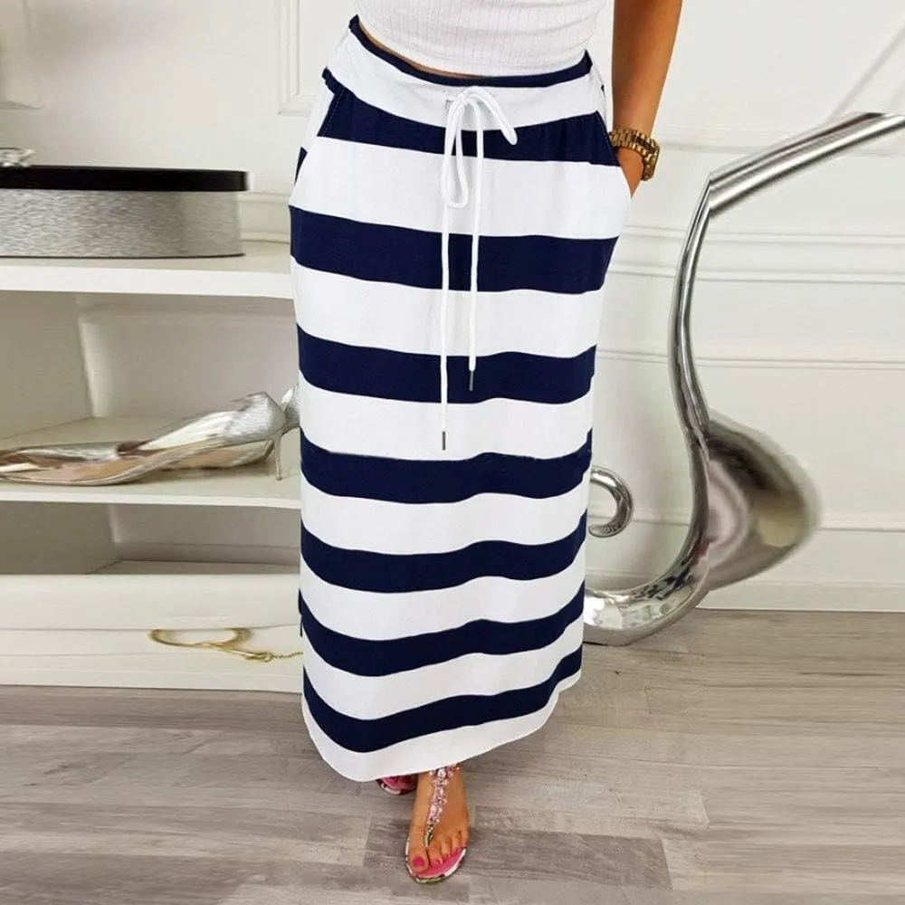 Womens Stripe Hight Waist Maxi Long Skirt Drawstring Ankle Length Skirt Casual High Waist Skirts with Pockets