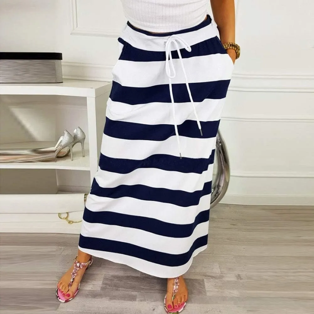 Womens Stripe Hight Waist Maxi Long Skirt Drawstring Ankle Length Skirt Casual High Waist Skirts with Pockets
