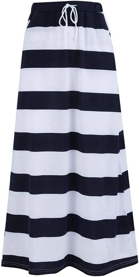 Womens Stripe Hight Waist Maxi Long Skirt Drawstring Ankle Length Skirt Casual High Waist Skirts with Pockets