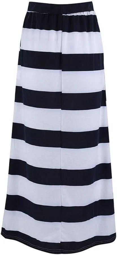 Womens Stripe Hight Waist Maxi Long Skirt Drawstring Ankle Length Skirt Casual High Waist Skirts with Pockets