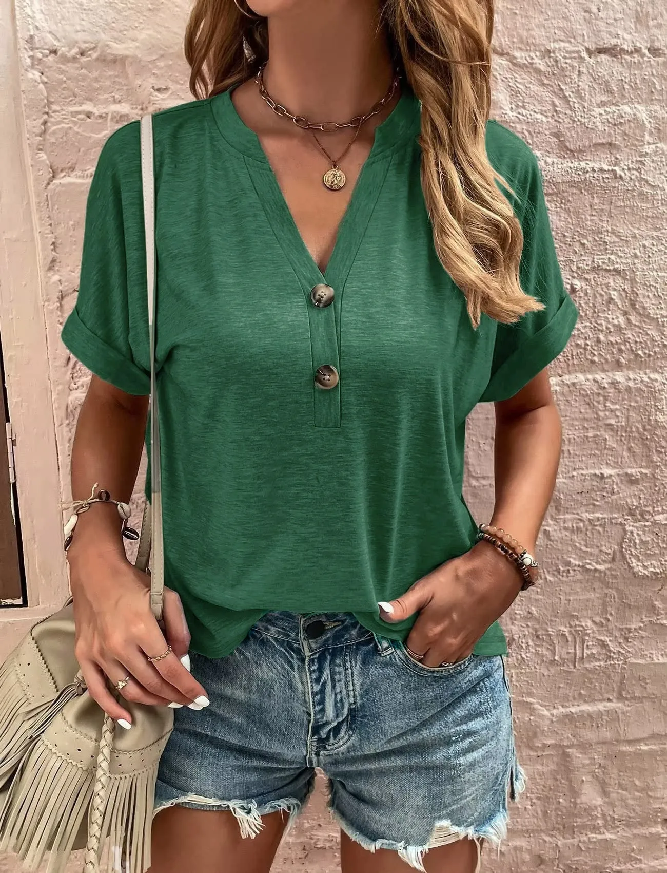 Women's Tops Solid Color Buttons Fashionable Short Sleeves