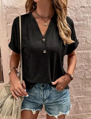 Women's Tops Solid Color Buttons Fashionable Short Sleeves