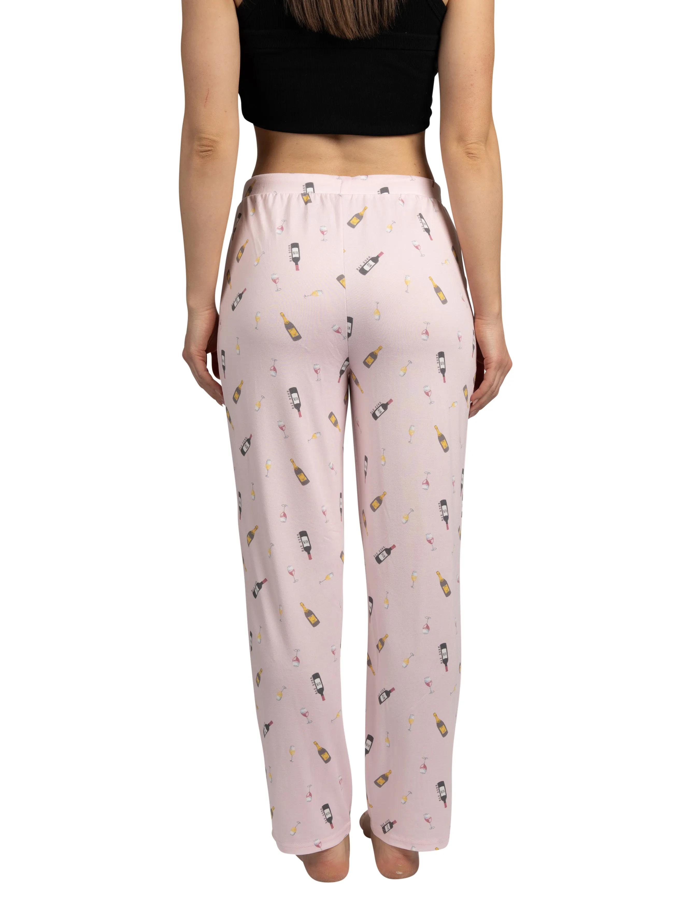 Women's Wine Time Tapered Leg Drawstring Pajama Pants with Pockets and Graphic Text