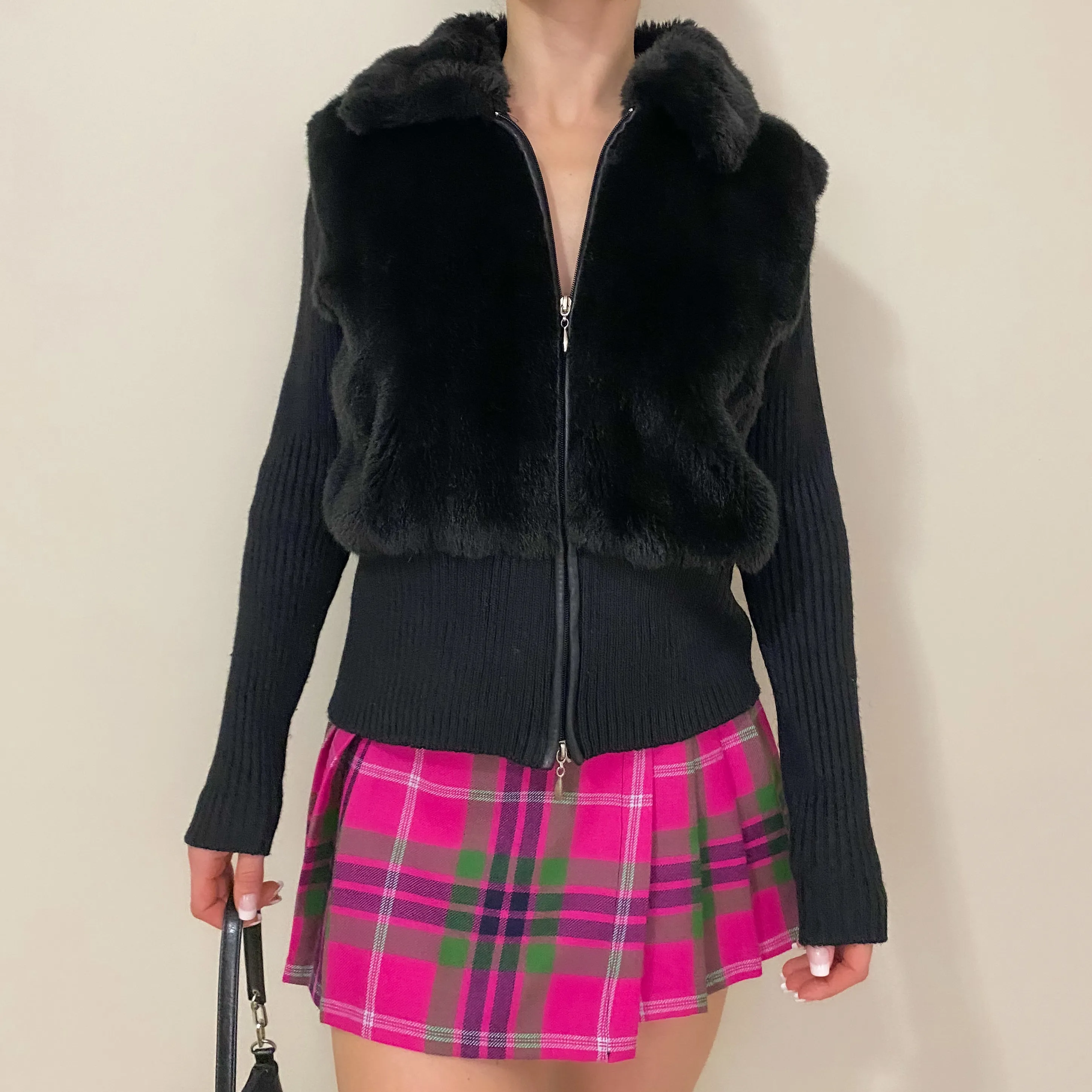 Y2K Black Faux Fur Double Zip Cardigan