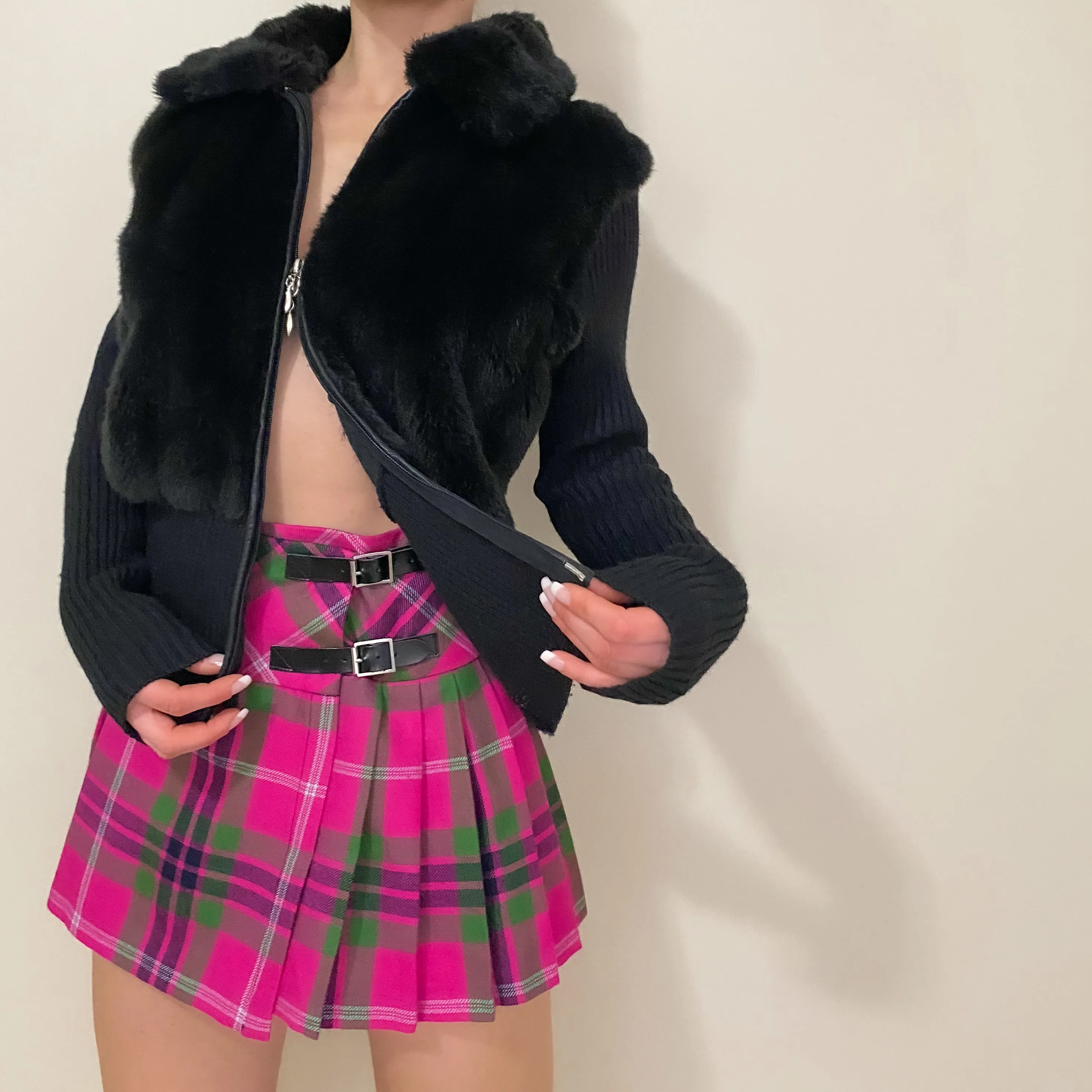 Y2K Black Faux Fur Double Zip Cardigan