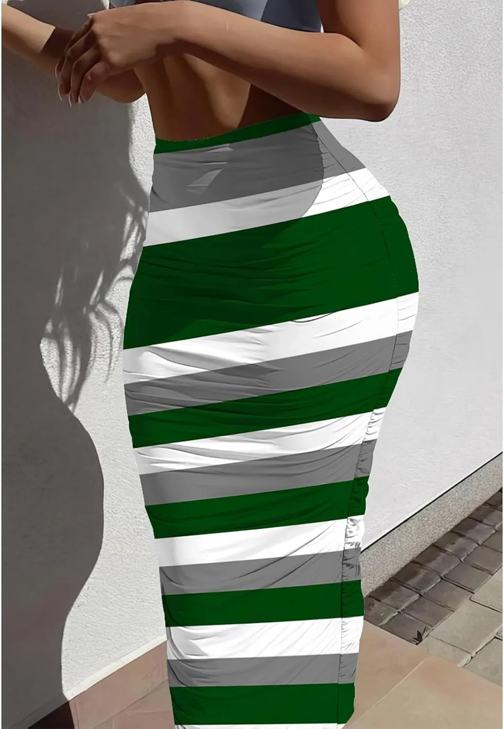 Yuopeid Women's Summer Bodycon Pullover Long Skirts Fashion Striped Printed Slim Fit Cocktail Club Party Midi Skirts