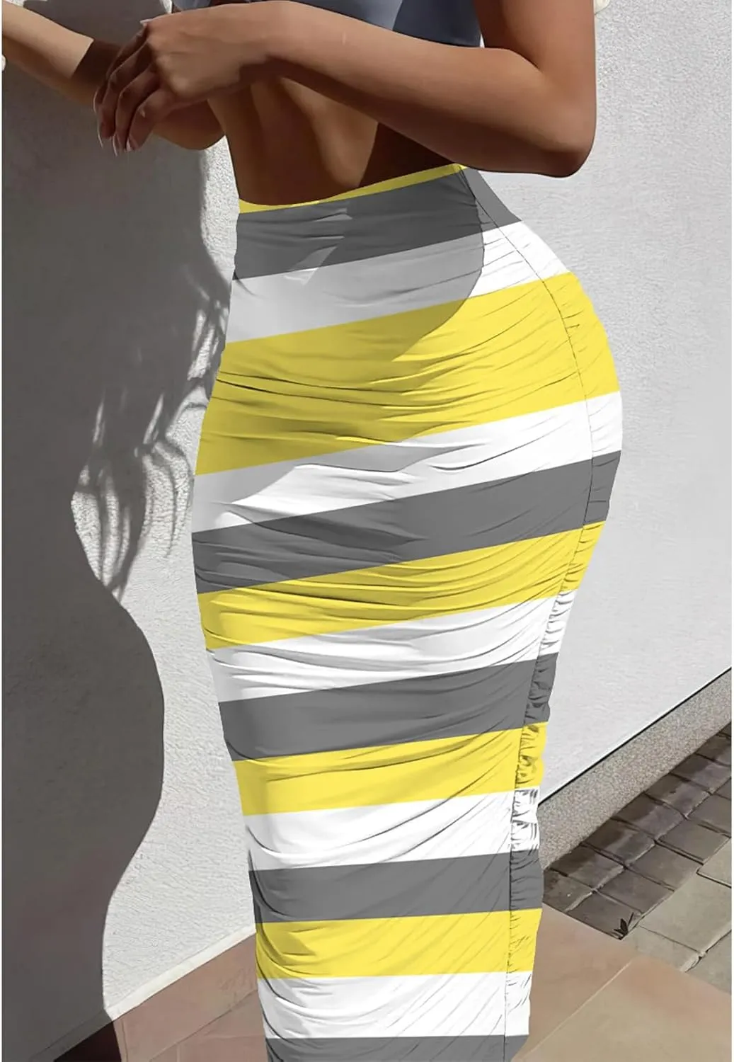 Yuopeid Women's Summer Bodycon Pullover Long Skirts Fashion Striped Printed Slim Fit Cocktail Club Party Midi Skirts