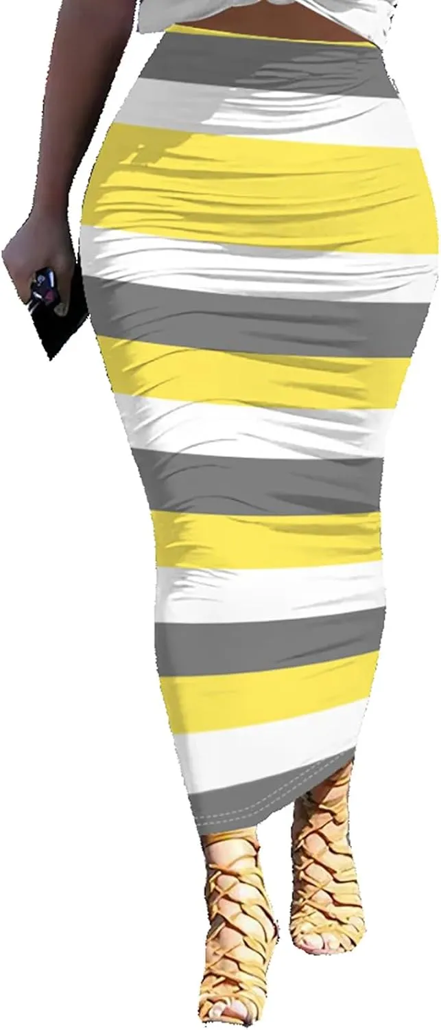 Yuopeid Women's Summer Bodycon Pullover Long Skirts Fashion Striped Printed Slim Fit Cocktail Club Party Midi Skirts