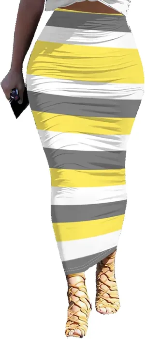 Yuopeid Women's Summer Bodycon Pullover Long Skirts Fashion Striped Printed Slim Fit Cocktail Club Party Midi Skirts
